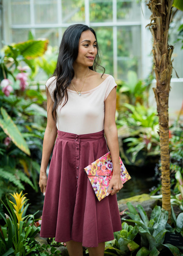 Burgundy button on sale front skirt